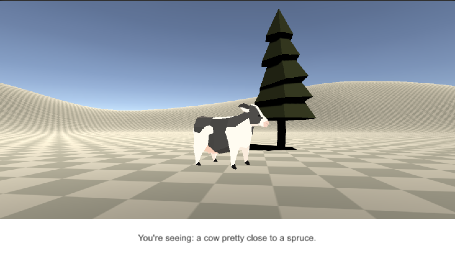 Title describing: "A cow pretty close to a spruce"