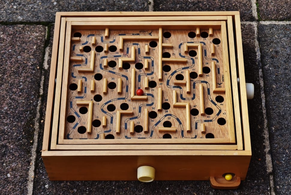 A wooden ball-in-a-maze game