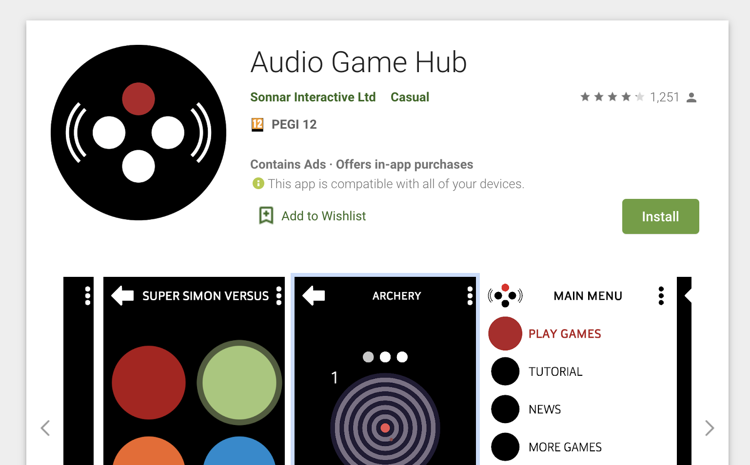 Audio Game Hub includes multiple games like Archery and Super Simon